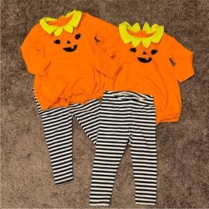 Cat & Jack 🎃pumpkin Halloween bubble rompers with pants 12m matching twin set!